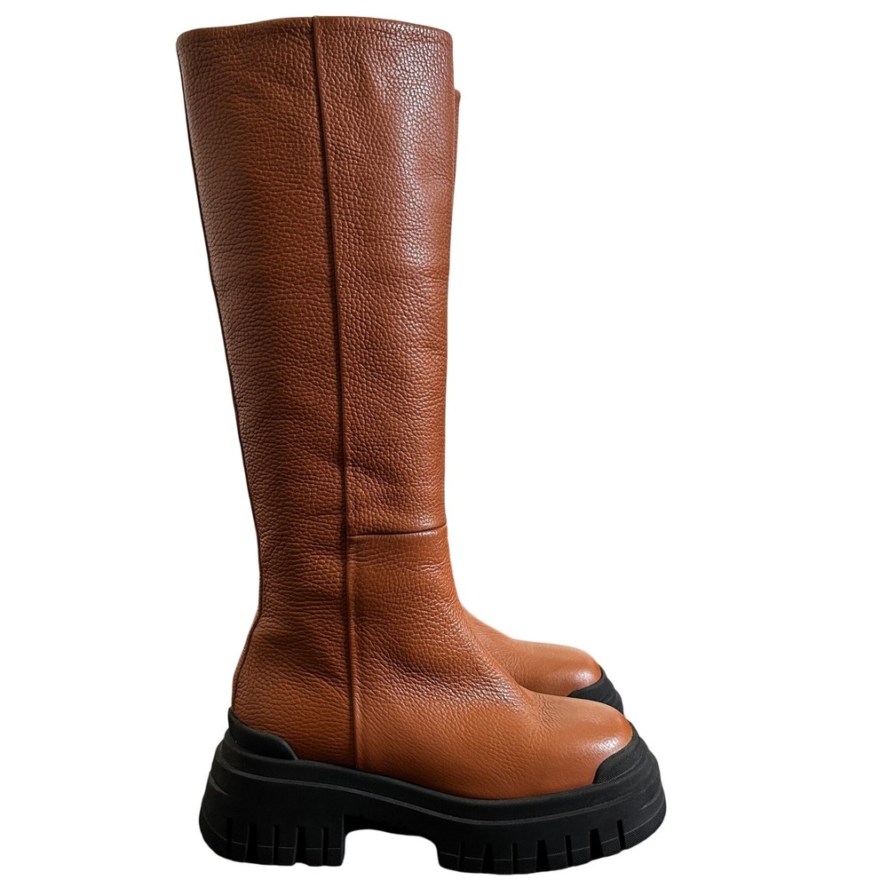 NWOB $382 Lemare Tall Pebbled Leather Lug Sole Boots Women 38 Tan Italian Combat